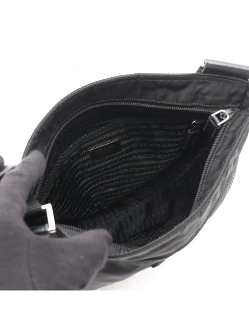 Prada Shoulder Bag Tessuto Saffiano Black Nylon Leather Triangle Logo